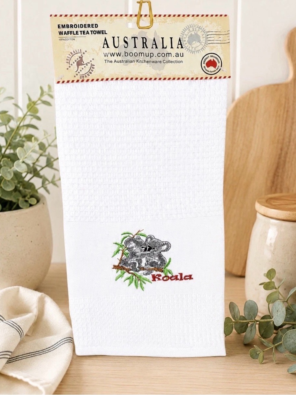 Waffle Weave Tea Towel Embroidered Koala Bears Australia 100% Cotton New Boom Up